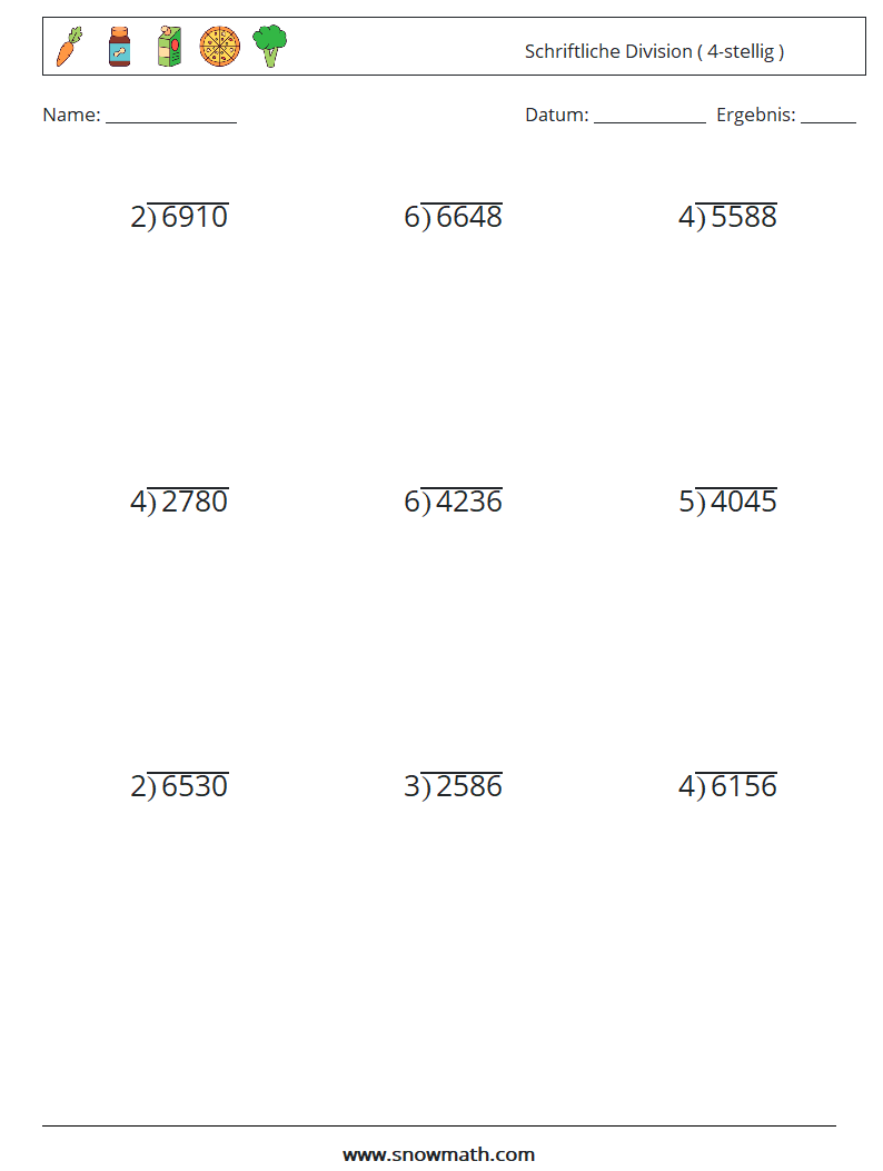 (9) Schriftliche Division ( 4-stellig ) Mathe-Arbeitsblätter 13