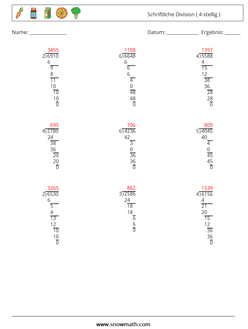 (9) Schriftliche Division ( 4-stellig ) Mathe-Arbeitsblätter 13 Frage, Antwort