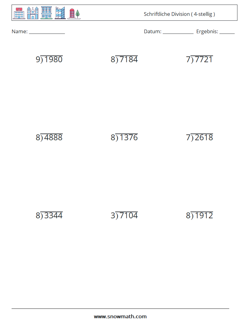 (9) Schriftliche Division ( 4-stellig ) Mathe-Arbeitsblätter 14