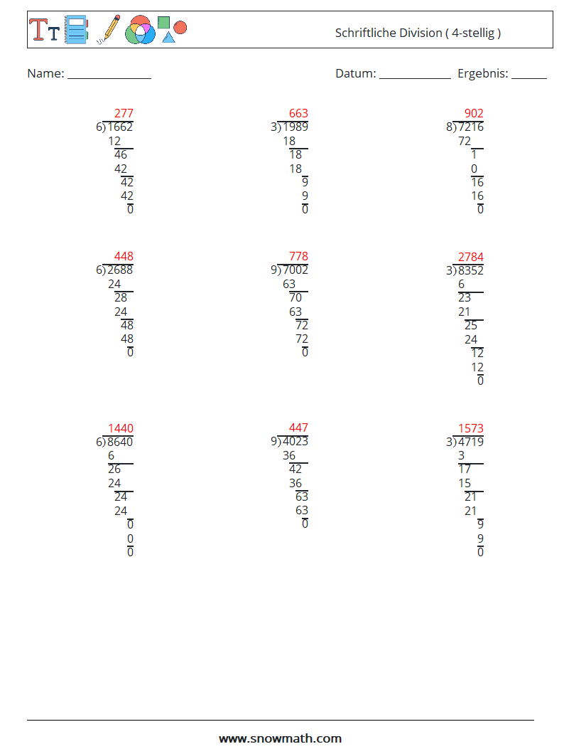 (9) Schriftliche Division ( 4-stellig ) Mathe-Arbeitsblätter 15 Frage, Antwort