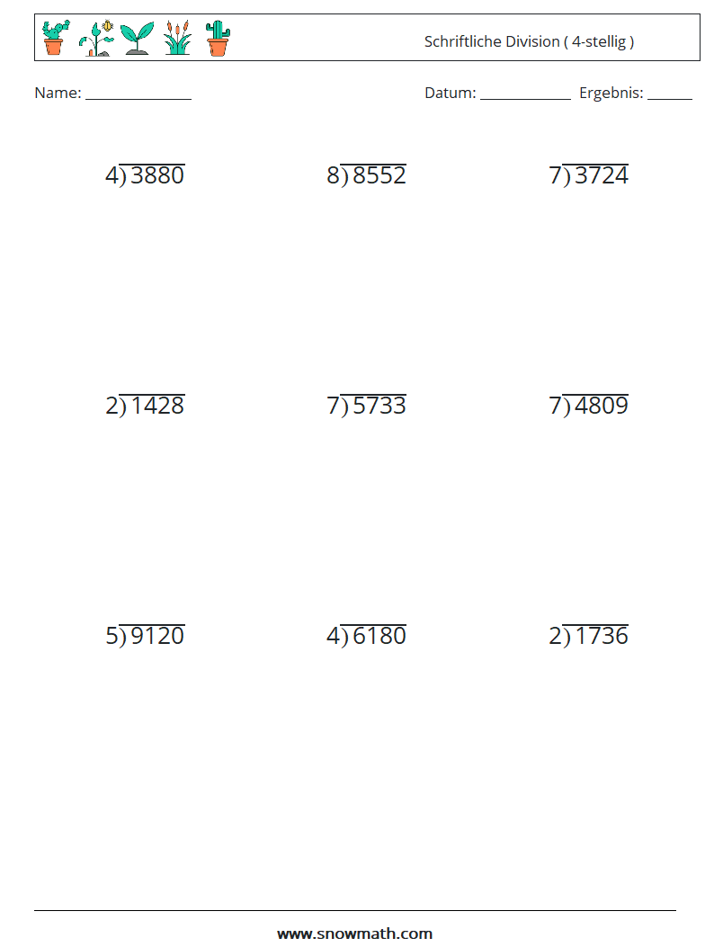 (9) Schriftliche Division ( 4-stellig ) Mathe-Arbeitsblätter 2