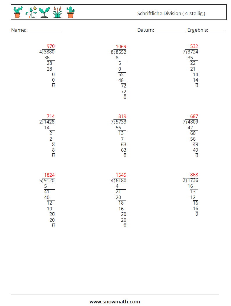 (9) Schriftliche Division ( 4-stellig ) Mathe-Arbeitsblätter 2 Frage, Antwort