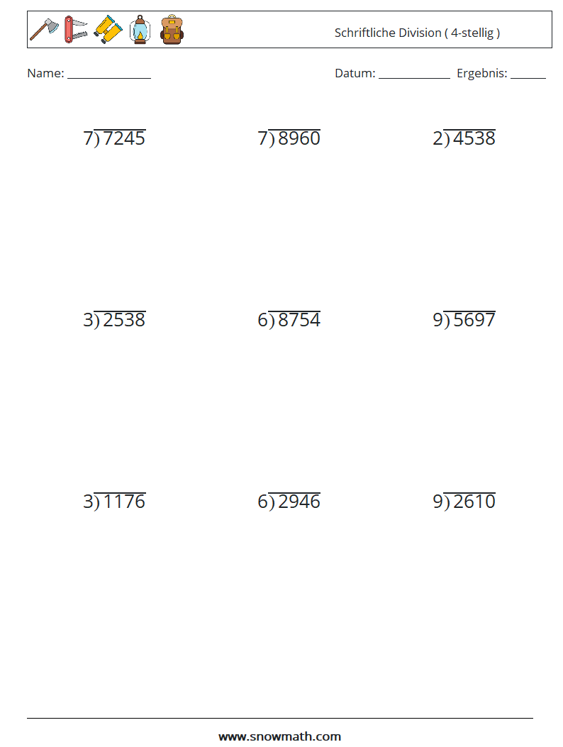 (9) Schriftliche Division ( 4-stellig ) Mathe-Arbeitsblätter 3