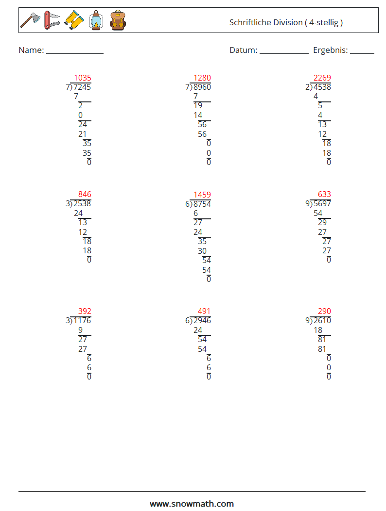 (9) Schriftliche Division ( 4-stellig ) Mathe-Arbeitsblätter 3 Frage, Antwort