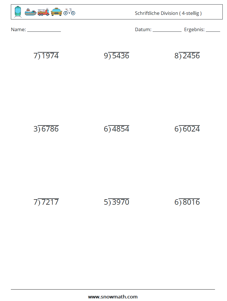 (9) Schriftliche Division ( 4-stellig ) Mathe-Arbeitsblätter 4