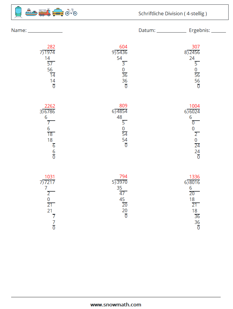 (9) Schriftliche Division ( 4-stellig ) Mathe-Arbeitsblätter 4 Frage, Antwort