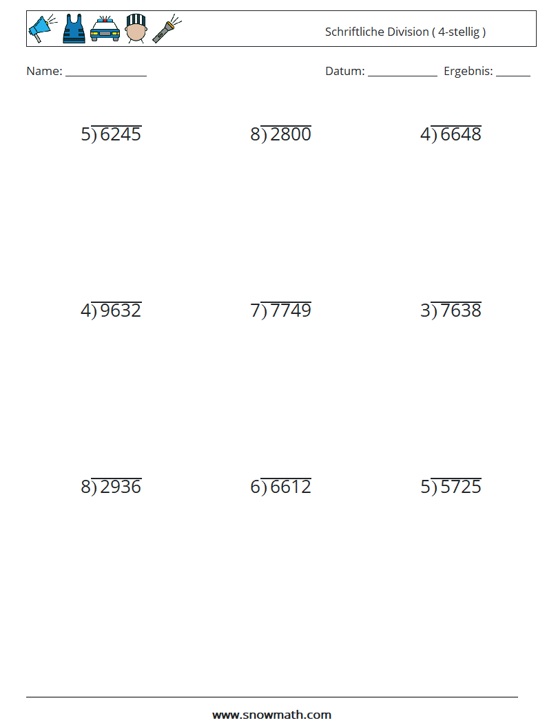 (9) Schriftliche Division ( 4-stellig ) Mathe-Arbeitsblätter 5