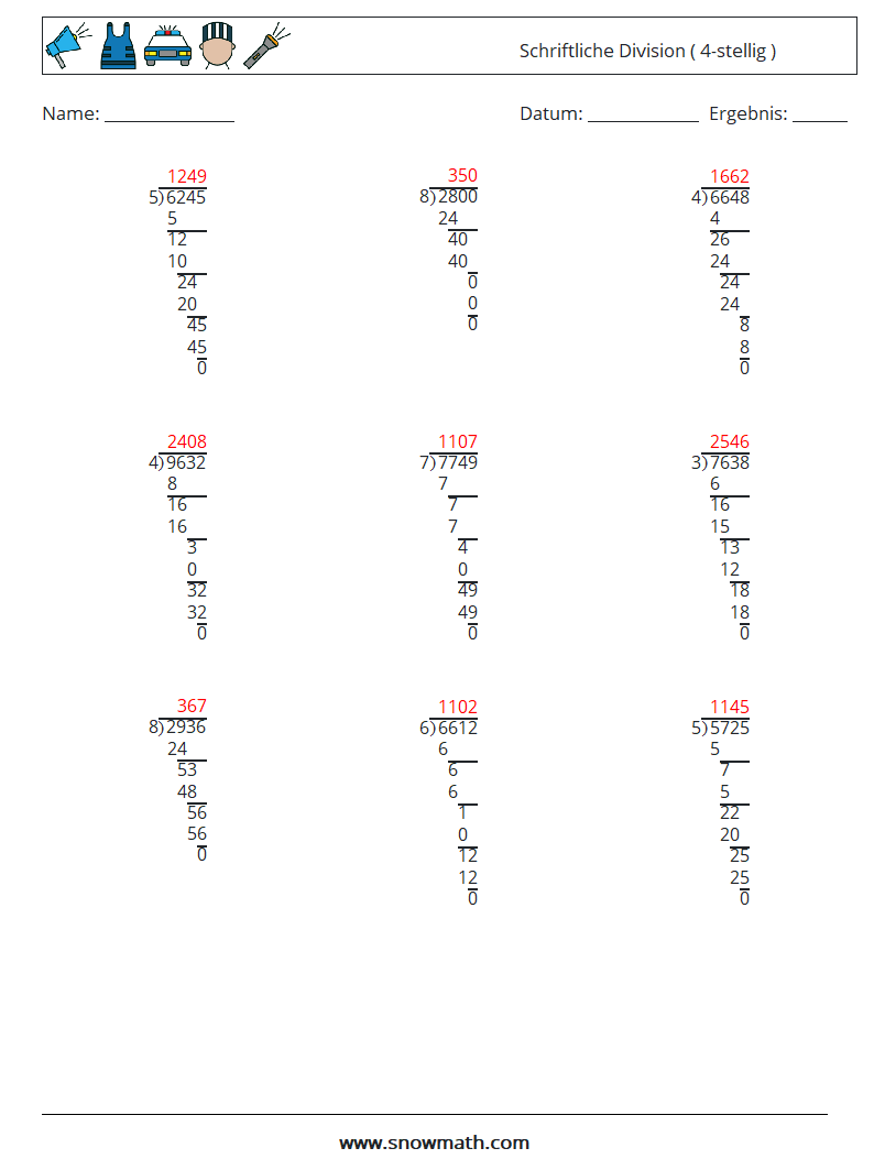 (9) Schriftliche Division ( 4-stellig ) Mathe-Arbeitsblätter 5 Frage, Antwort