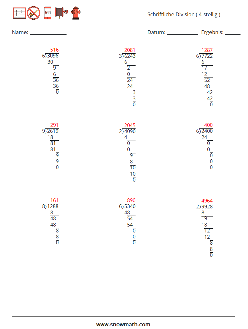 (9) Schriftliche Division ( 4-stellig ) Mathe-Arbeitsblätter 6 Frage, Antwort