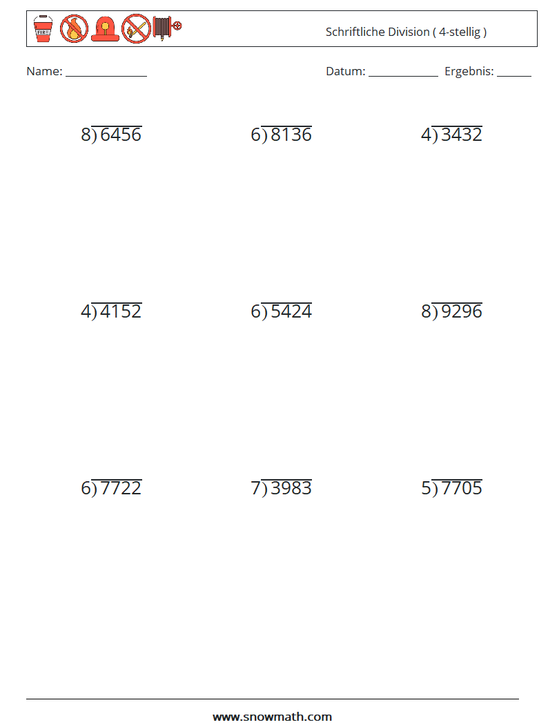 (9) Schriftliche Division ( 4-stellig ) Mathe-Arbeitsblätter 7