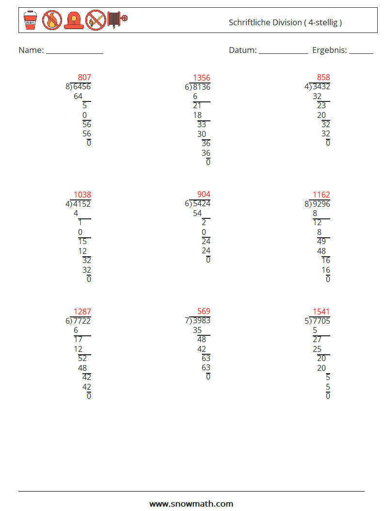 (9) Schriftliche Division ( 4-stellig ) Mathe-Arbeitsblätter 7 Frage, Antwort