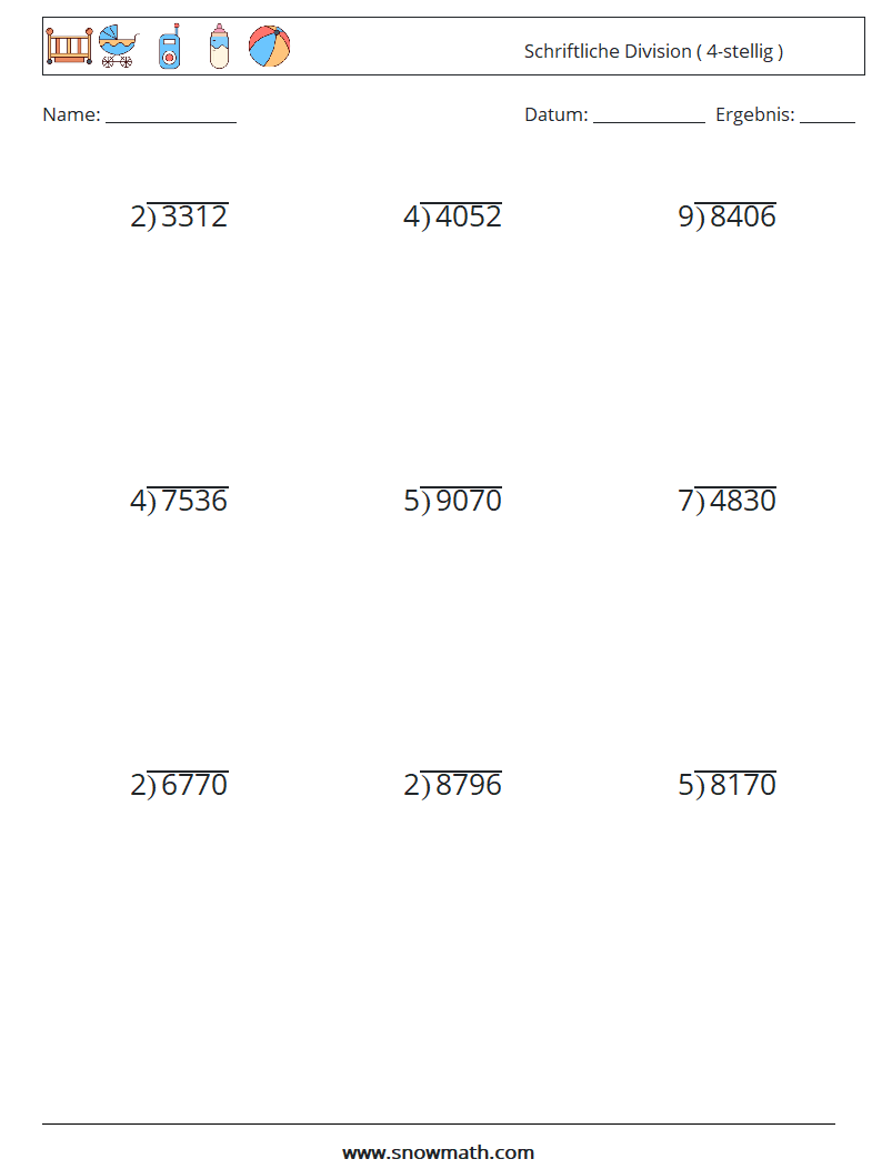 (9) Schriftliche Division ( 4-stellig ) Mathe-Arbeitsblätter 8