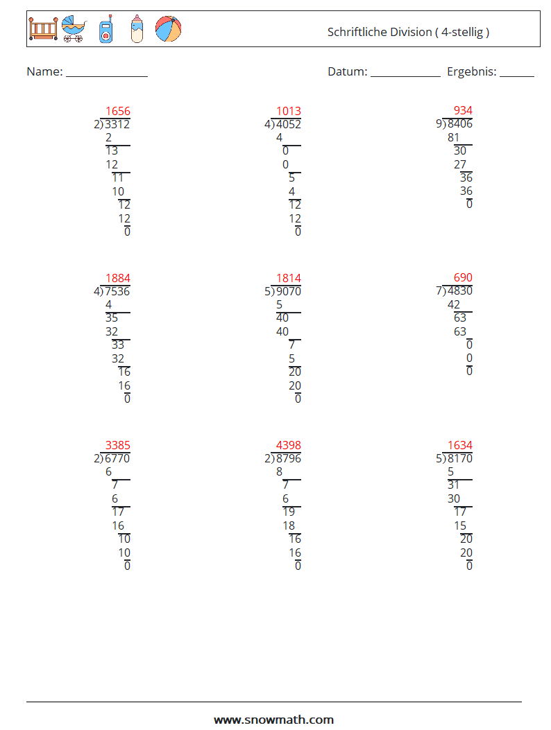 (9) Schriftliche Division ( 4-stellig ) Mathe-Arbeitsblätter 8 Frage, Antwort