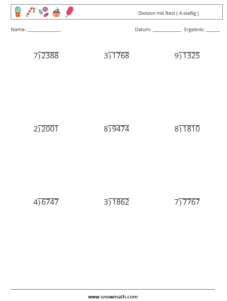 (9) Division mit Rest ( 4-stellig ) Mathe-Arbeitsblätter 10