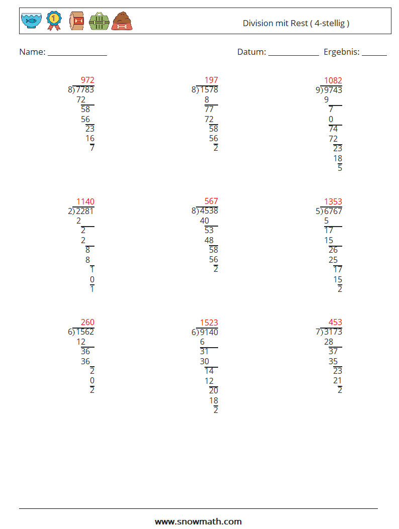 (9) Division mit Rest ( 4-stellig ) Mathe-Arbeitsblätter 11 Frage, Antwort