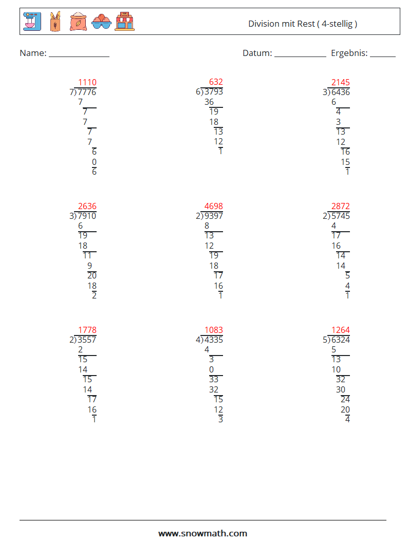 (9) Division mit Rest ( 4-stellig ) Mathe-Arbeitsblätter 12 Frage, Antwort