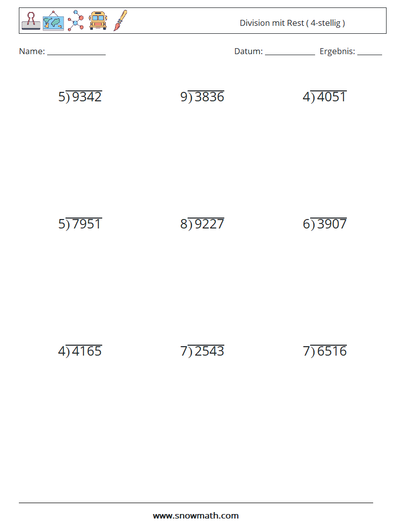 (9) Division mit Rest ( 4-stellig ) Mathe-Arbeitsblätter 13