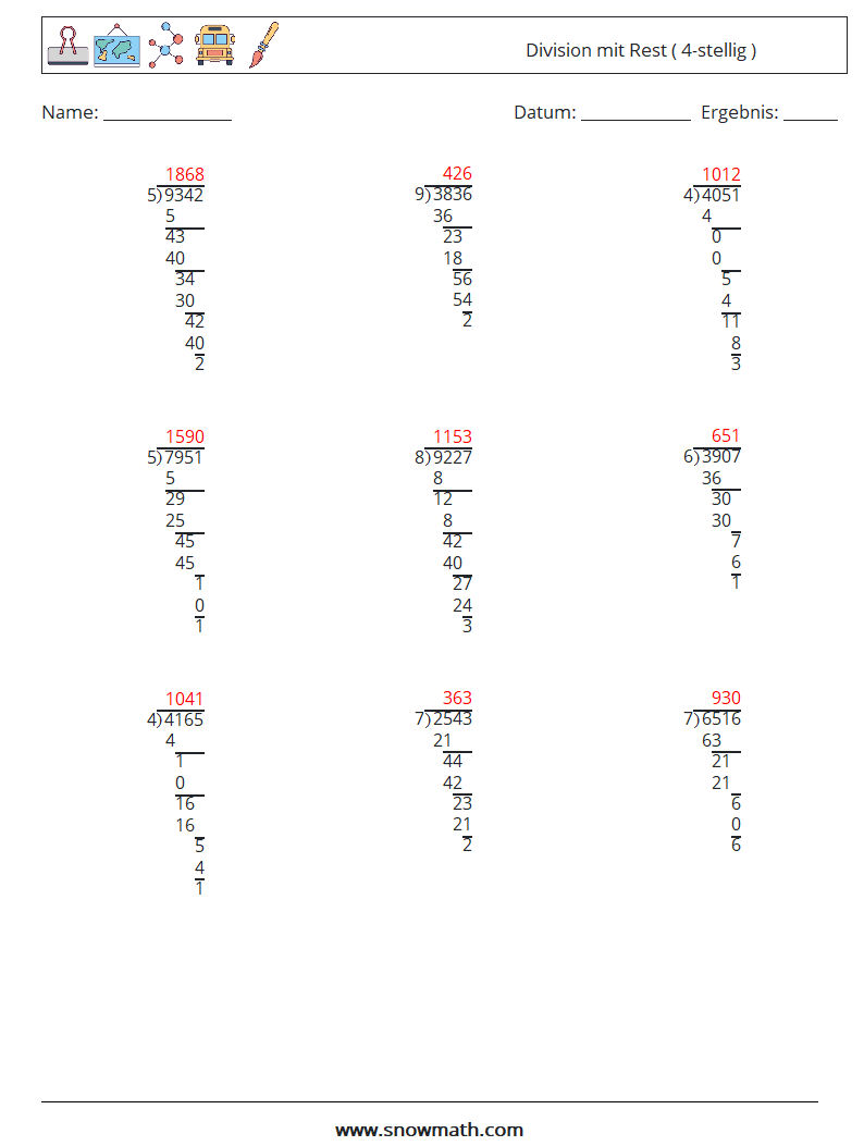 (9) Division mit Rest ( 4-stellig ) Mathe-Arbeitsblätter 13 Frage, Antwort