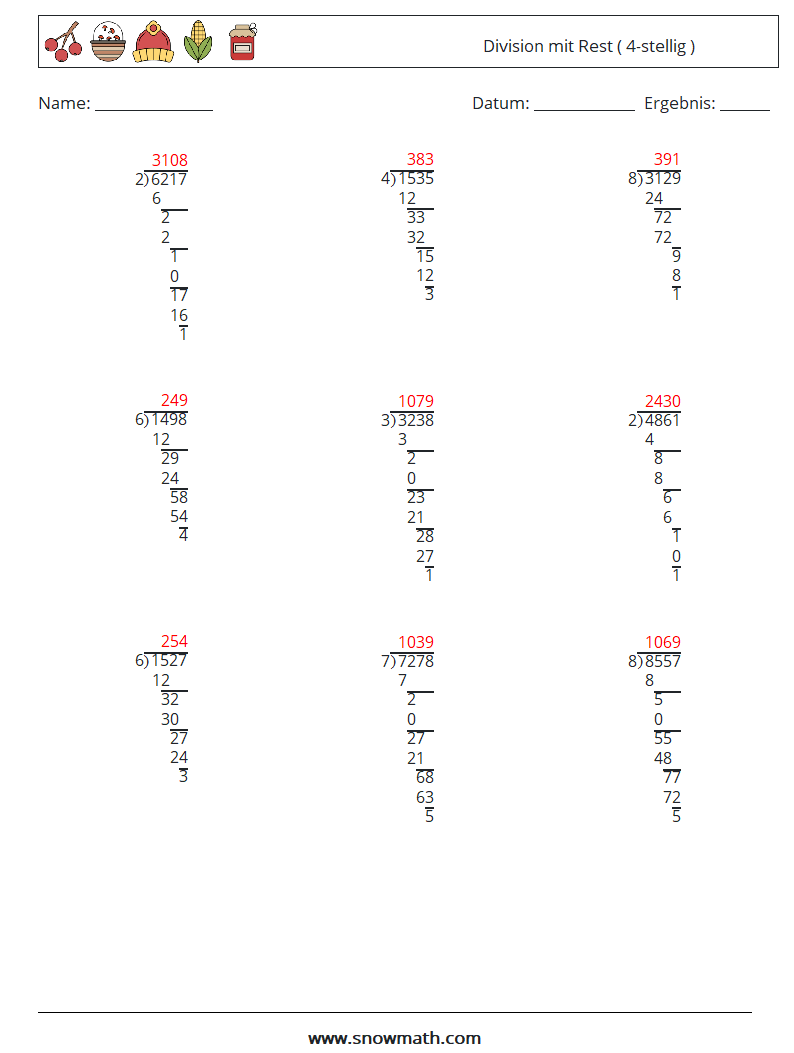 (9) Division mit Rest ( 4-stellig ) Mathe-Arbeitsblätter 14 Frage, Antwort