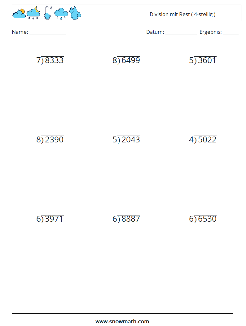 (9) Division mit Rest ( 4-stellig ) Mathe-Arbeitsblätter 17