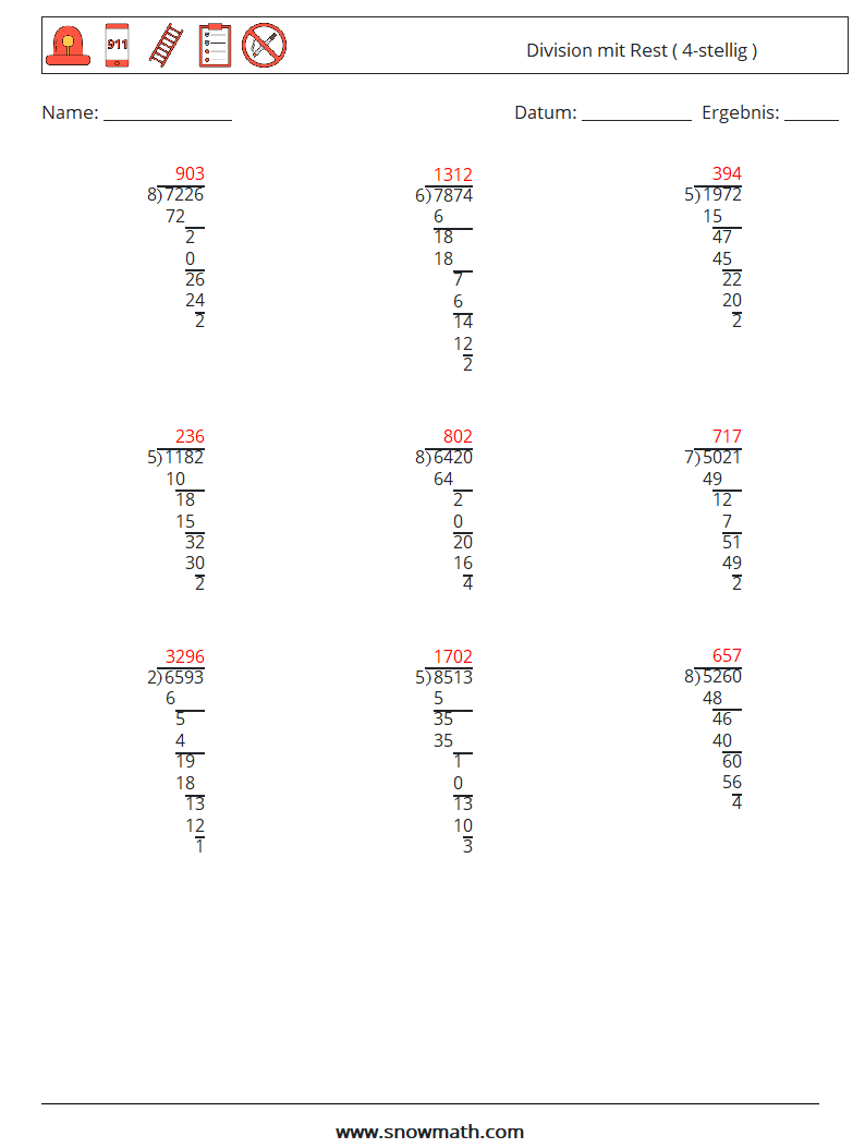 (9) Division mit Rest ( 4-stellig ) Mathe-Arbeitsblätter 18 Frage, Antwort