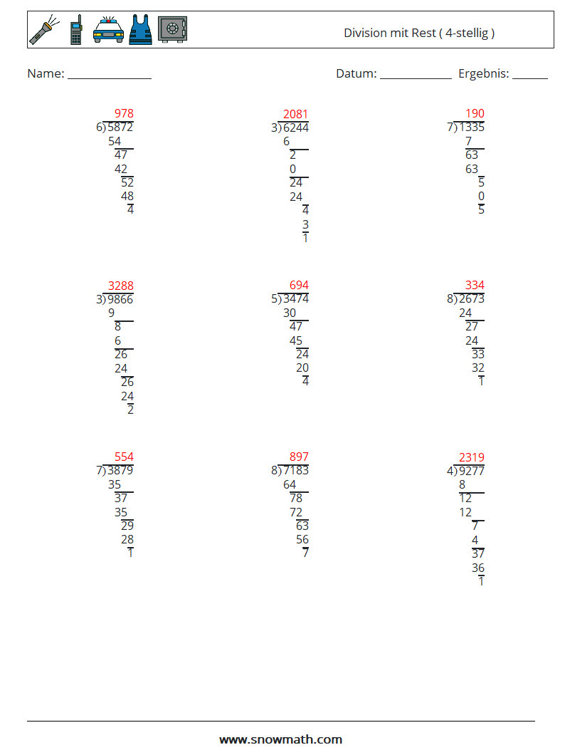 (9) Division mit Rest ( 4-stellig ) Mathe-Arbeitsblätter 1 Frage, Antwort