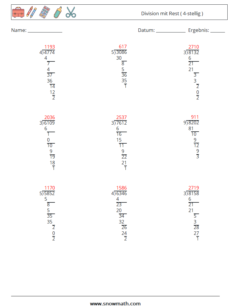 (9) Division mit Rest ( 4-stellig ) Mathe-Arbeitsblätter 3 Frage, Antwort