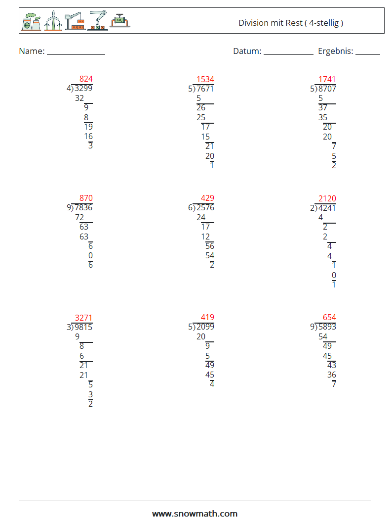 (9) Division mit Rest ( 4-stellig ) Mathe-Arbeitsblätter 5 Frage, Antwort