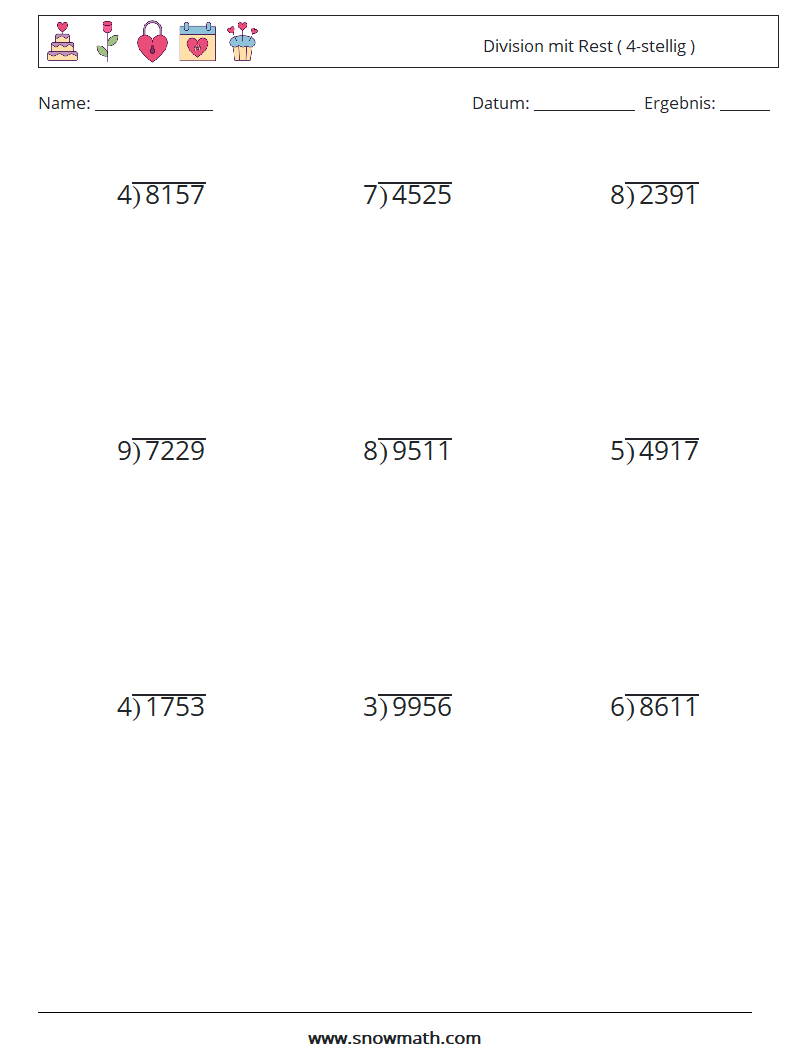 (9) Division mit Rest ( 4-stellig ) Mathe-Arbeitsblätter 6