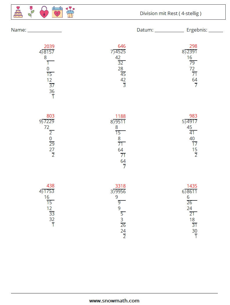 (9) Division mit Rest ( 4-stellig ) Mathe-Arbeitsblätter 6 Frage, Antwort