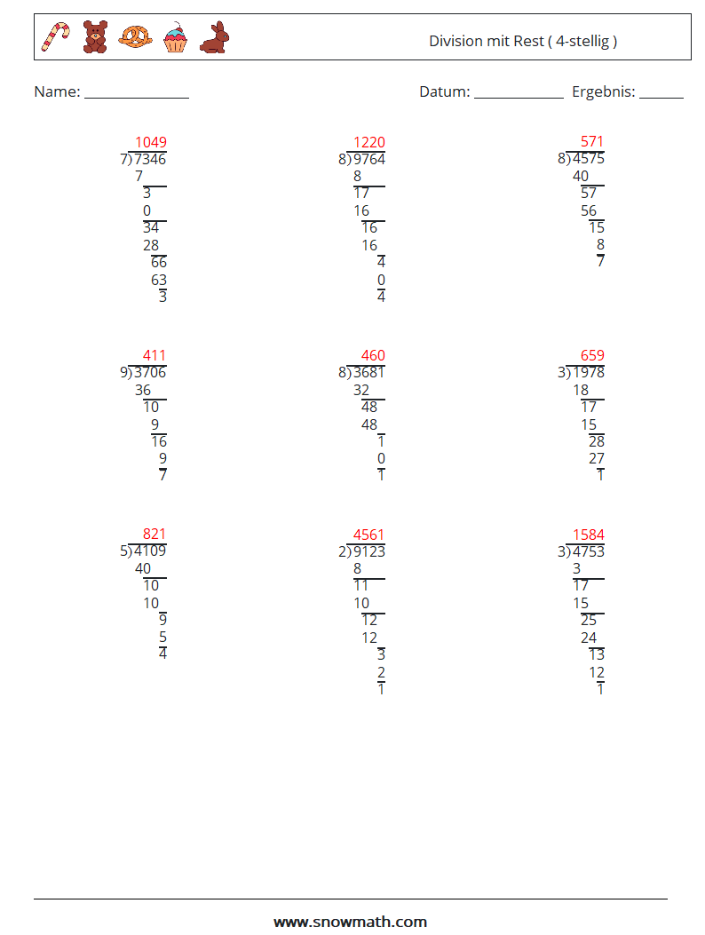 (9) Division mit Rest ( 4-stellig ) Mathe-Arbeitsblätter 7 Frage, Antwort