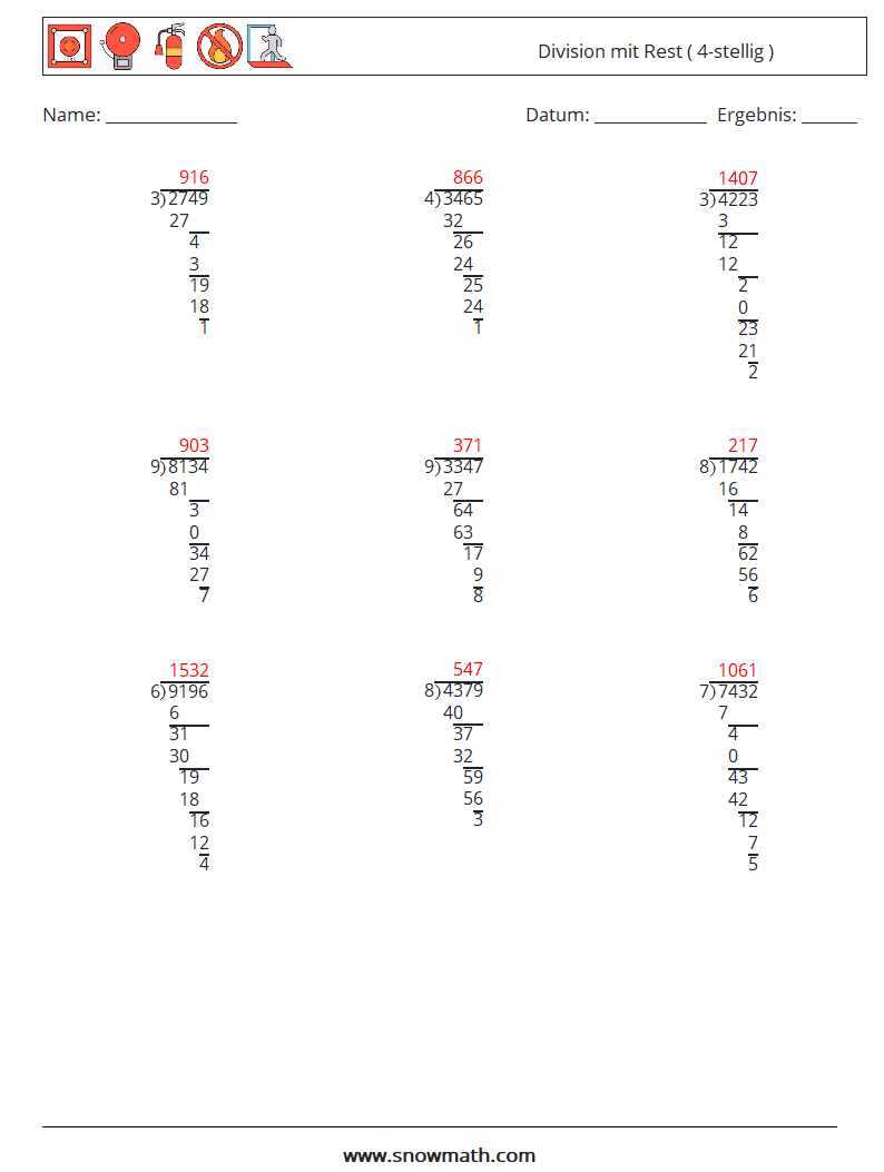 (9) Division mit Rest ( 4-stellig ) Mathe-Arbeitsblätter 8 Frage, Antwort