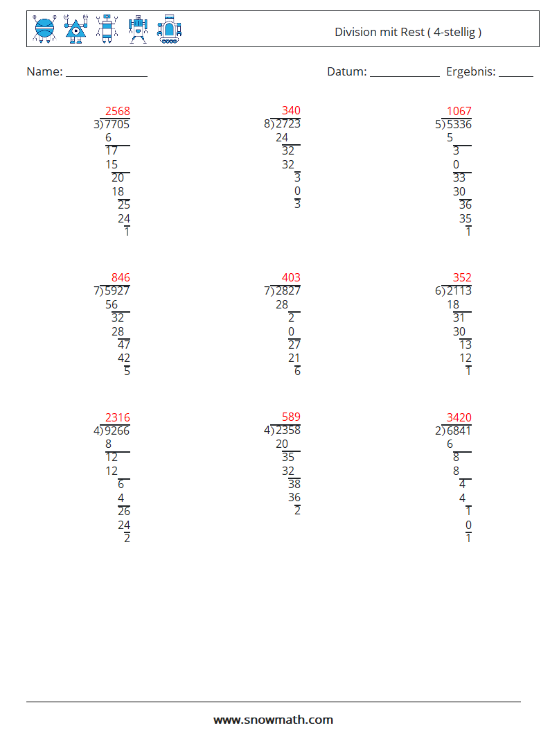 (9) Division mit Rest ( 4-stellig ) Mathe-Arbeitsblätter 9 Frage, Antwort