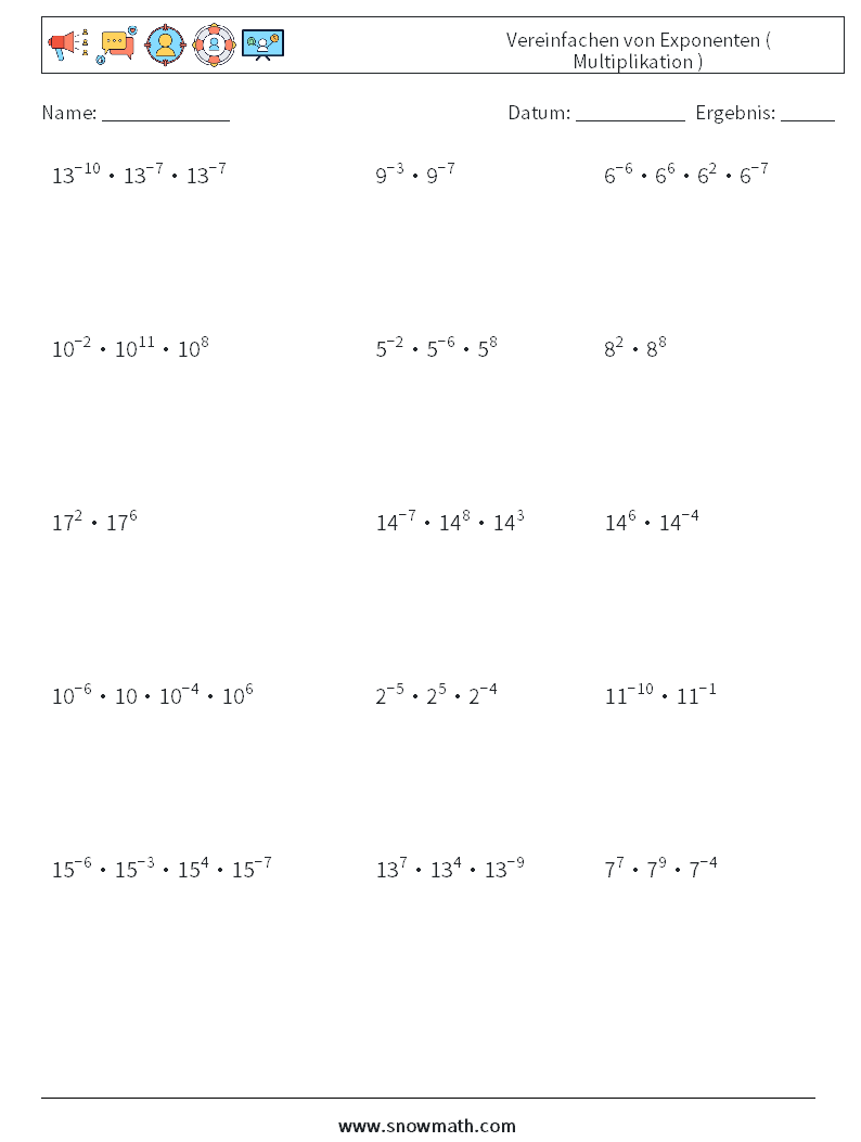 Vereinfachen von Exponenten ( Multiplikation ) Mathe-Arbeitsblätter 1