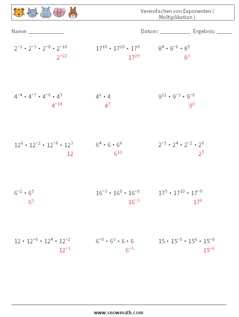 Vereinfachen von Exponenten ( Multiplikation ) Mathe-Arbeitsblätter 4 Frage, Antwort