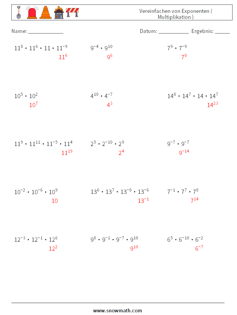 Vereinfachen von Exponenten ( Multiplikation ) Mathe-Arbeitsblätter 5 Frage, Antwort