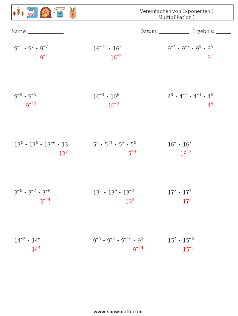 Vereinfachen von Exponenten ( Multiplikation ) Mathe-Arbeitsblätter 8 Frage, Antwort