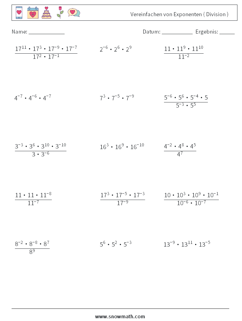 Vereinfachen von Exponenten ( Division ) Mathe-Arbeitsblätter 1