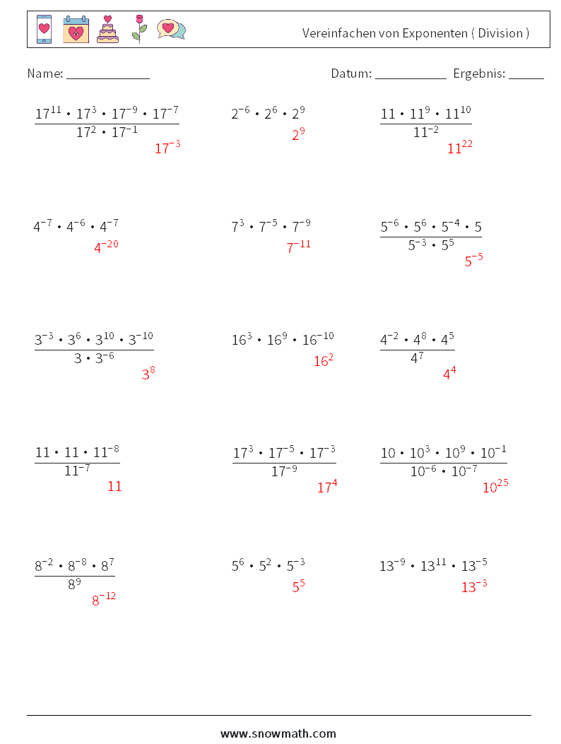 Vereinfachen von Exponenten ( Division ) Mathe-Arbeitsblätter 1 Frage, Antwort