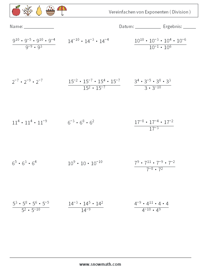 Vereinfachen von Exponenten ( Division ) Mathe-Arbeitsblätter 3