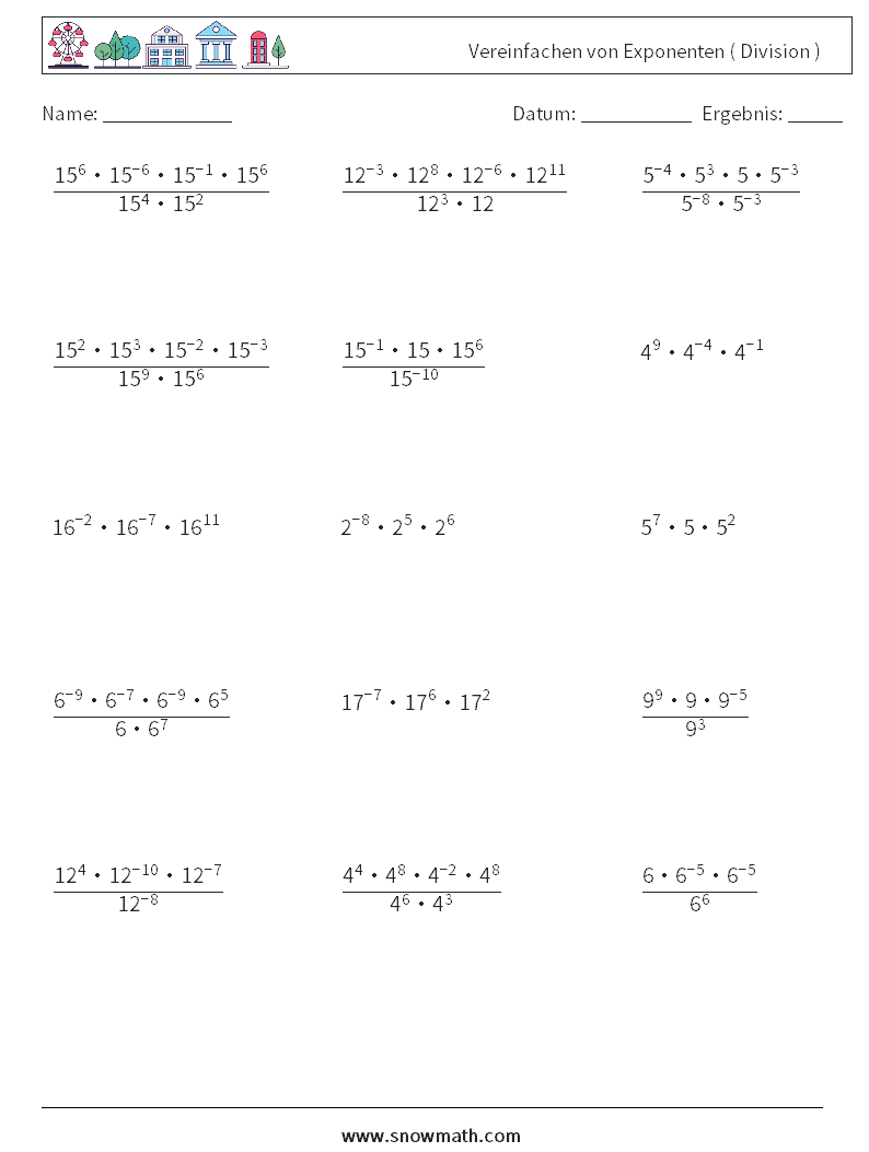 Vereinfachen von Exponenten ( Division ) Mathe-Arbeitsblätter 5