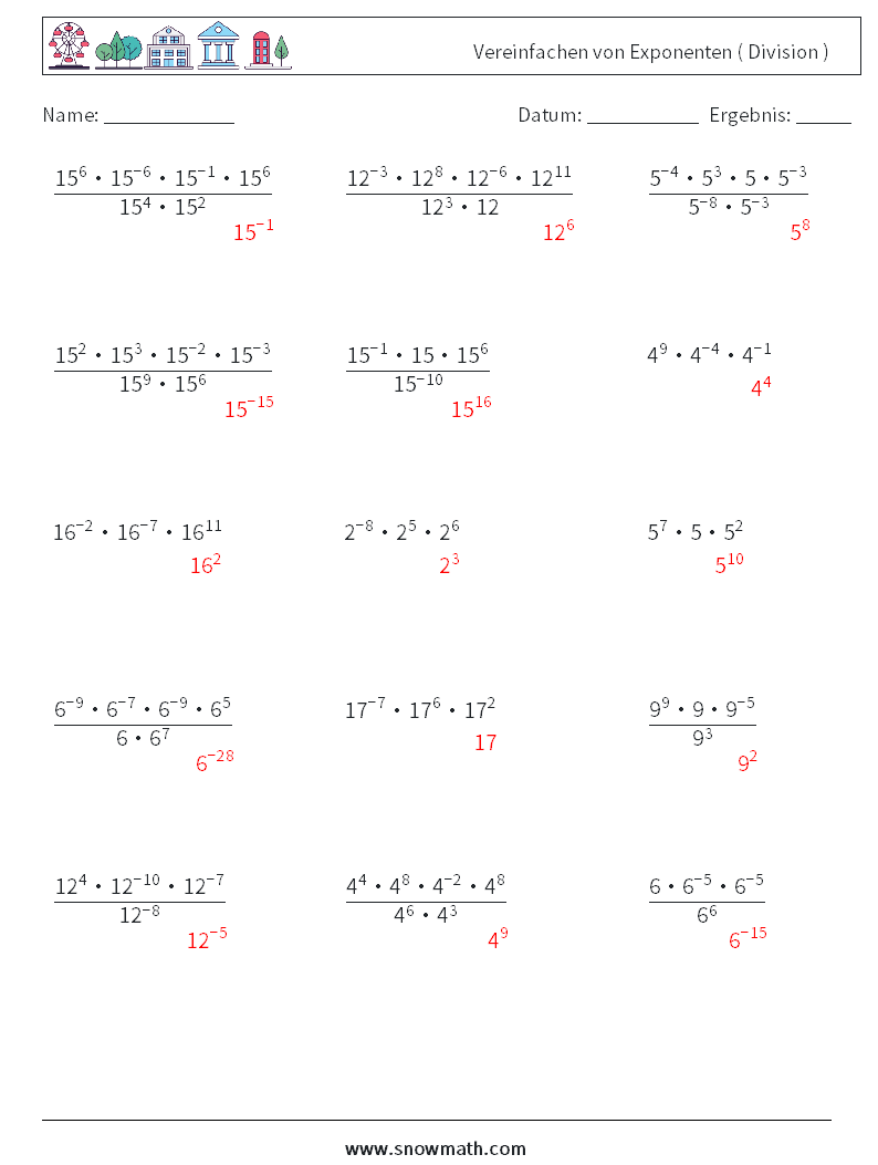 Vereinfachen von Exponenten ( Division ) Mathe-Arbeitsblätter 5 Frage, Antwort