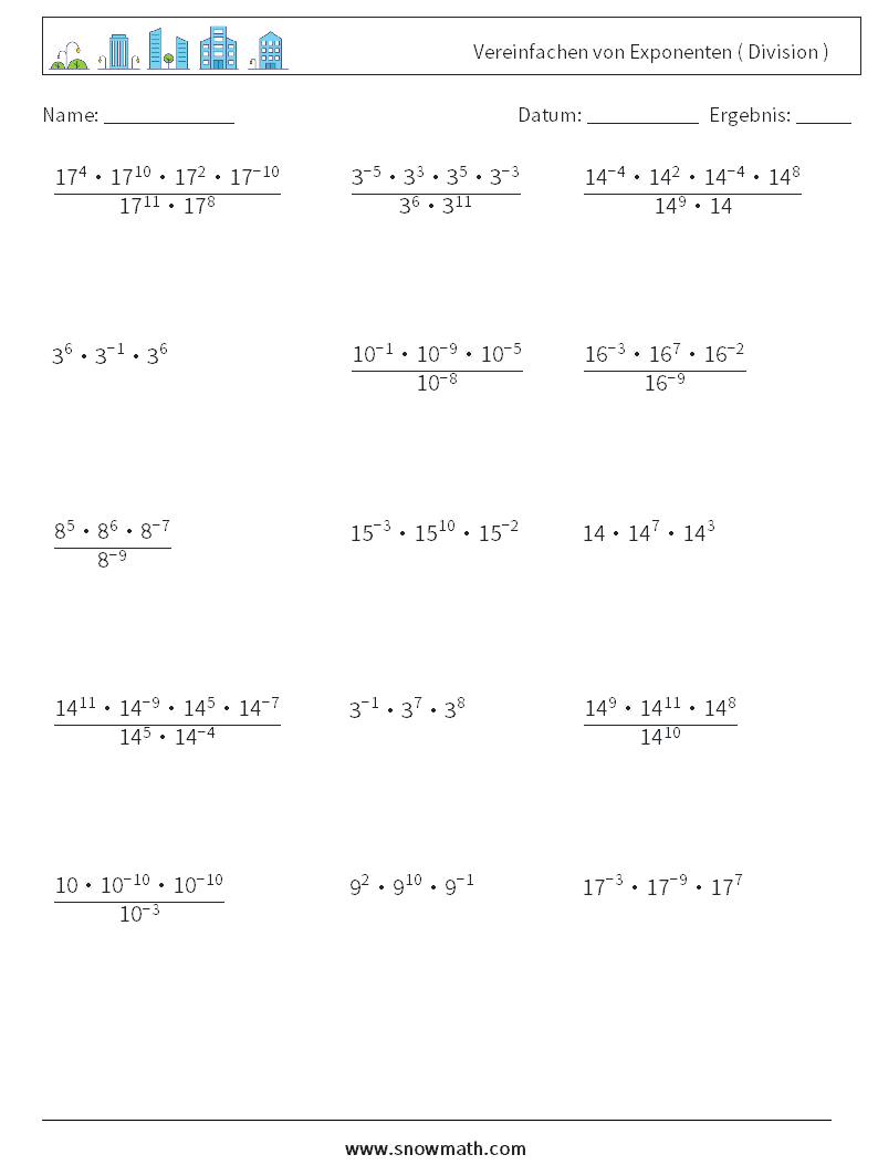 Vereinfachen von Exponenten ( Division ) Mathe-Arbeitsblätter 6