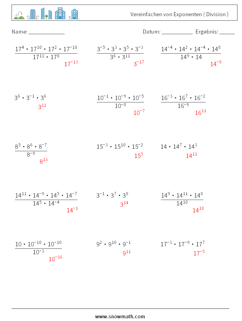 Vereinfachen von Exponenten ( Division ) Mathe-Arbeitsblätter 6 Frage, Antwort