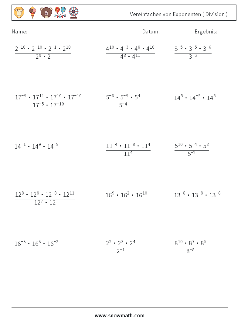 Vereinfachen von Exponenten ( Division ) Mathe-Arbeitsblätter 7