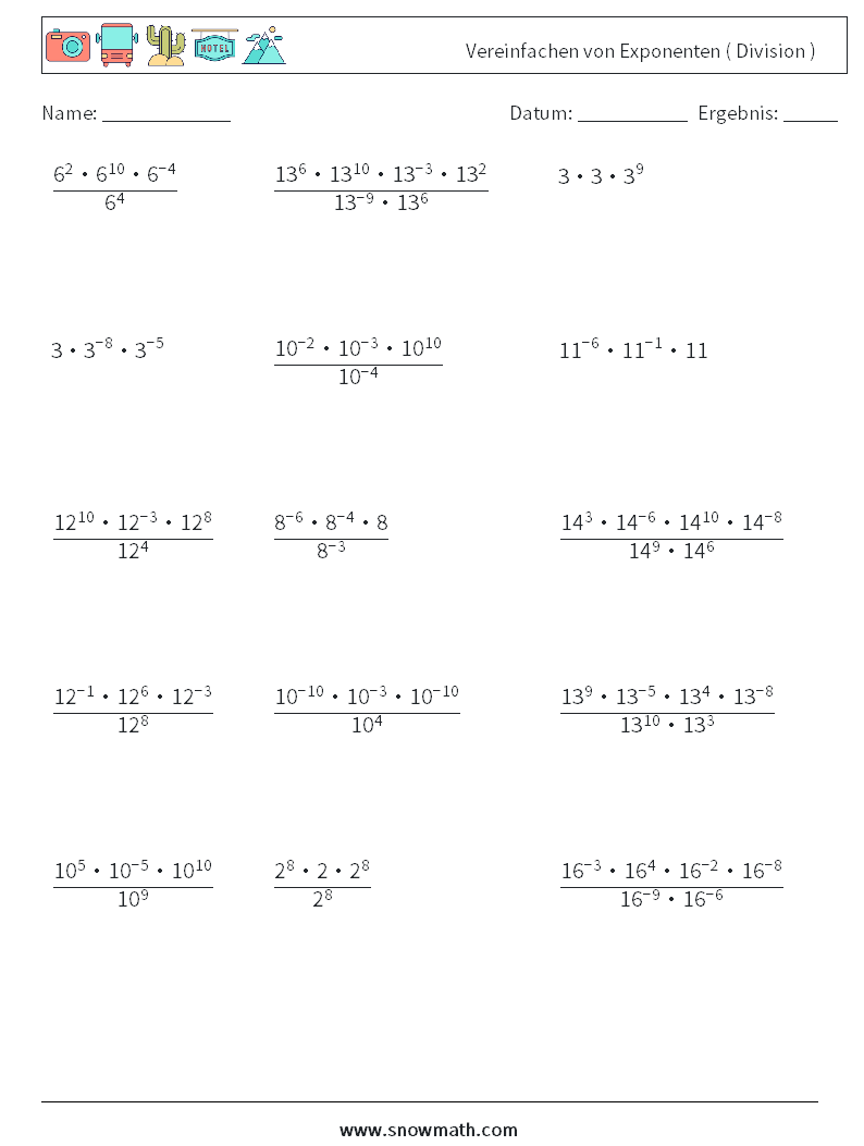 Vereinfachen von Exponenten ( Division ) Mathe-Arbeitsblätter 9