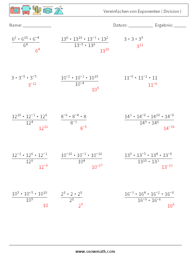 Vereinfachen von Exponenten ( Division ) Mathe-Arbeitsblätter 9 Frage, Antwort