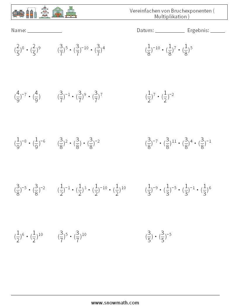 Vereinfachen von Bruchexponenten ( Multiplikation ) Mathe-Arbeitsblätter 1