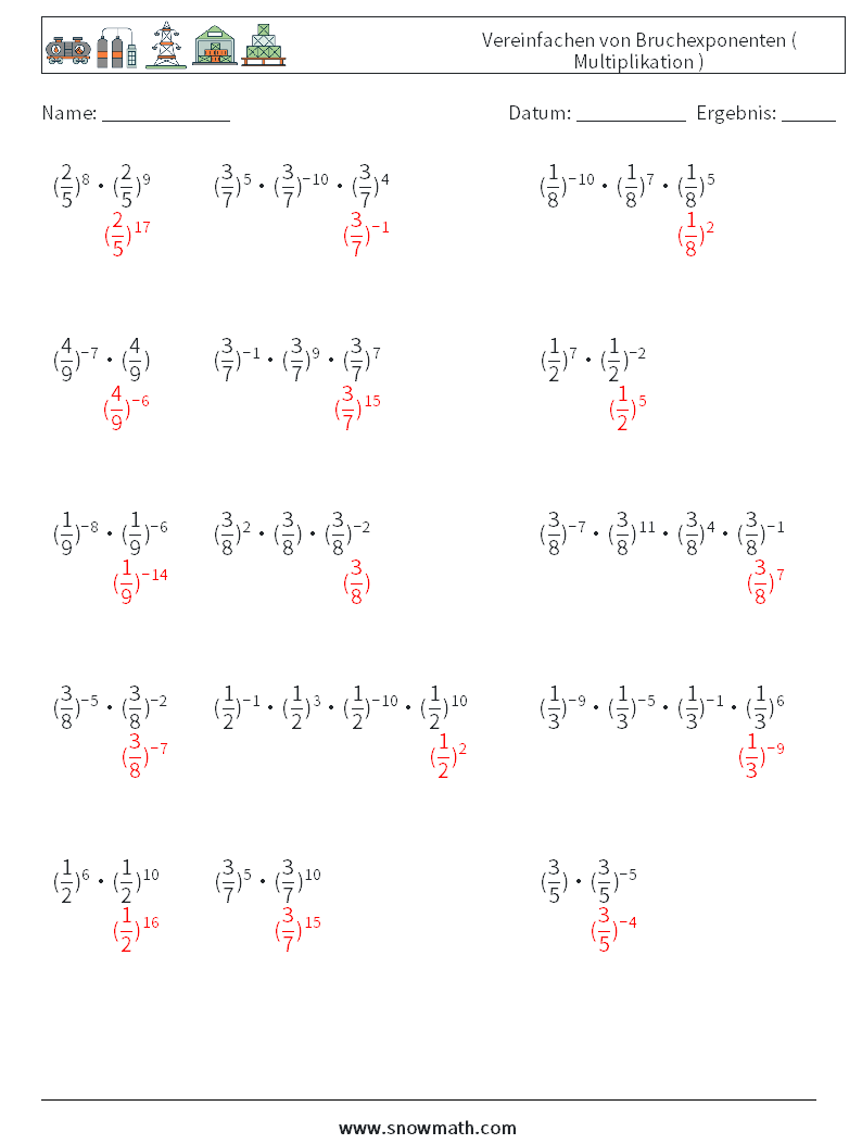 Vereinfachen von Bruchexponenten ( Multiplikation ) Mathe-Arbeitsblätter 1 Frage, Antwort