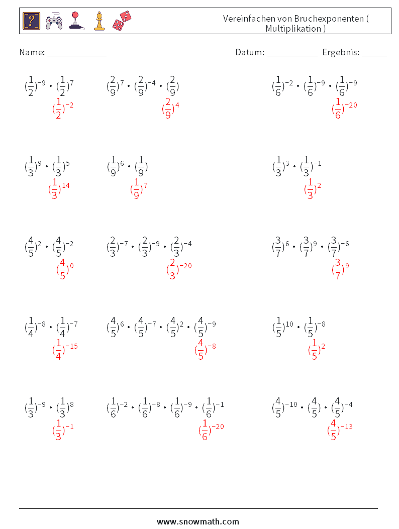 Vereinfachen von Bruchexponenten ( Multiplikation ) Mathe-Arbeitsblätter 2 Frage, Antwort